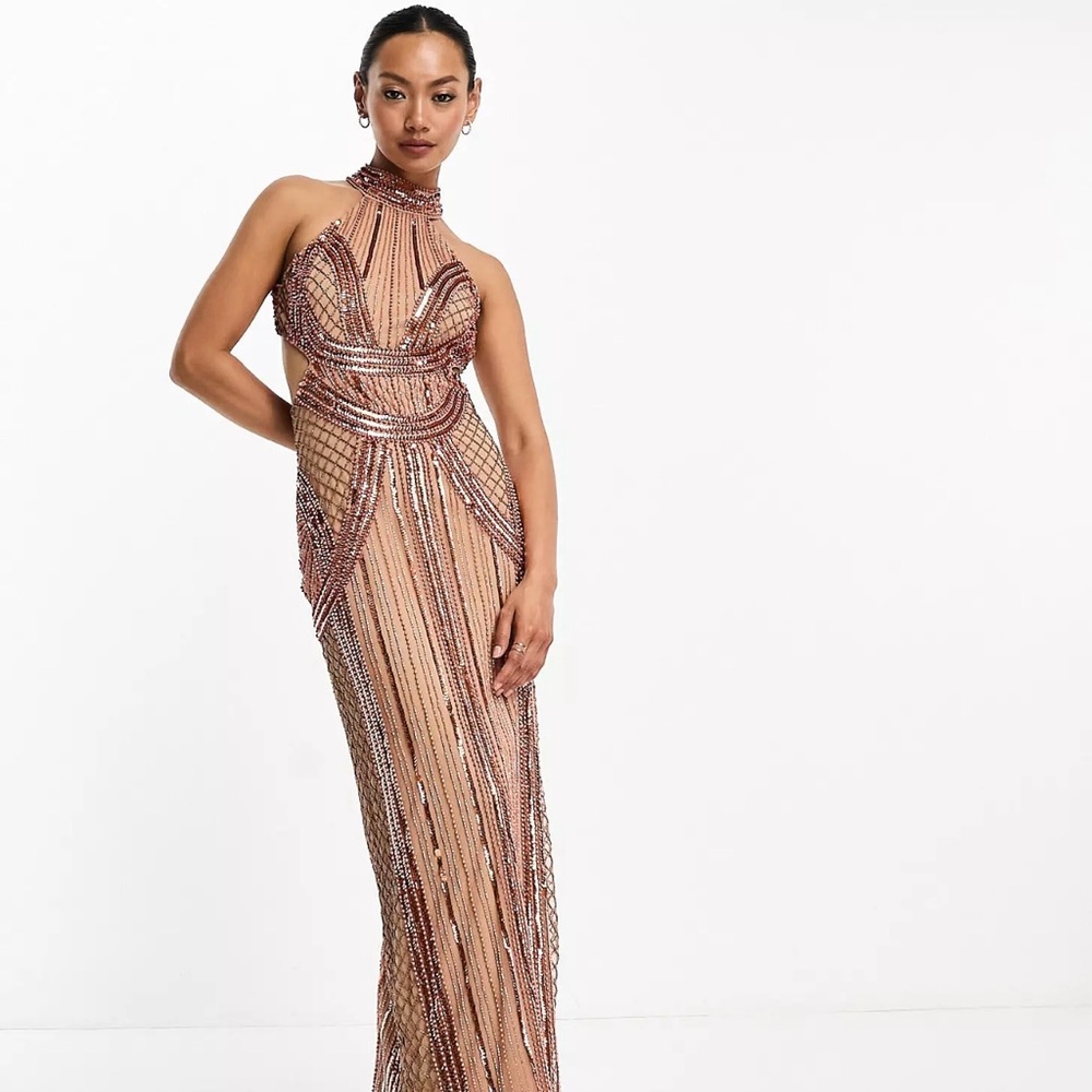 ASOS DESIGN high neck halter seamed embellished midi dress in orange